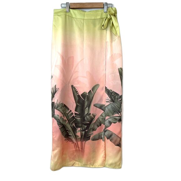 Rachel Zoe Palm Trees Wrap Skirt Satin Ombre Small Side Tie Midi Maxi - Picture 1 of 6